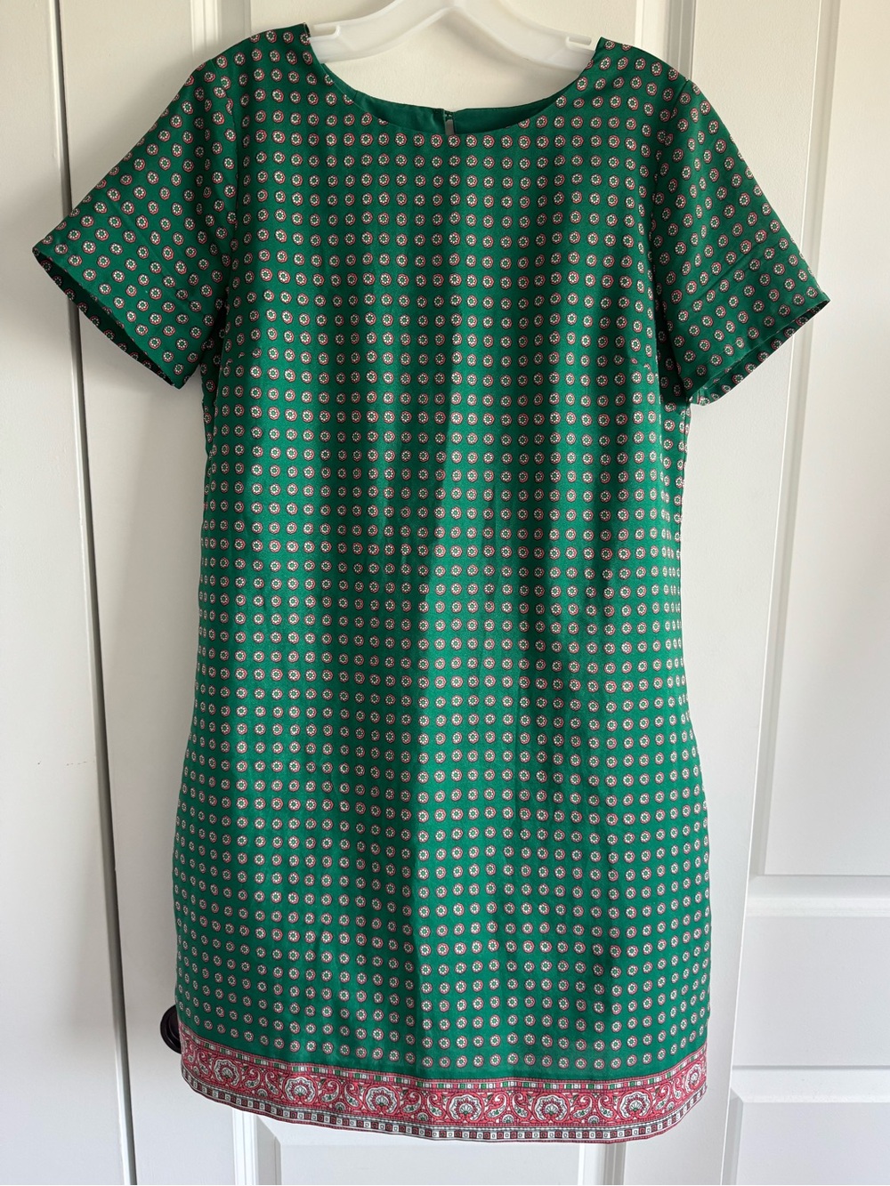 J. Crew Green Short-Sleeve Shift Dress with Pink Printed Hem